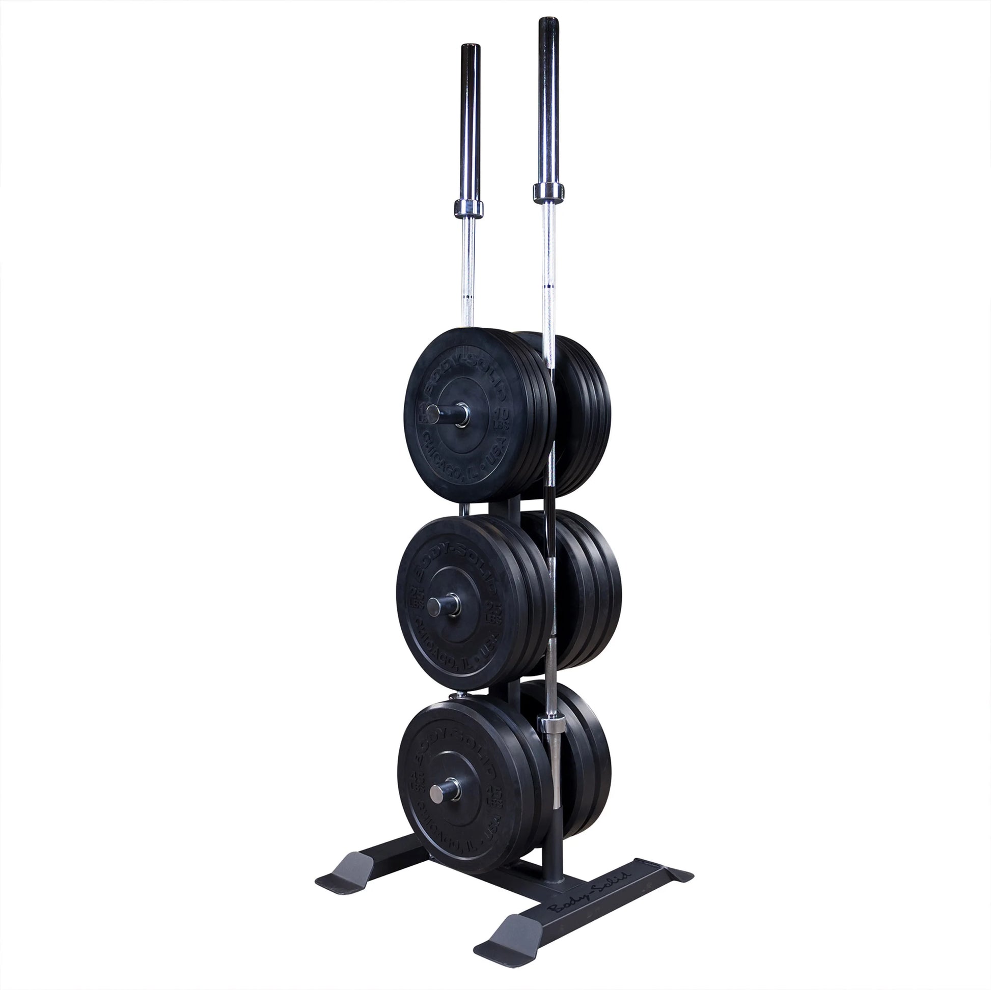 Body-Solid weight plate tree with black plates and barbell holders for gym organization.