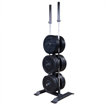 Body-Solid weight plate tree with black plates and barbell holders for gym organization.