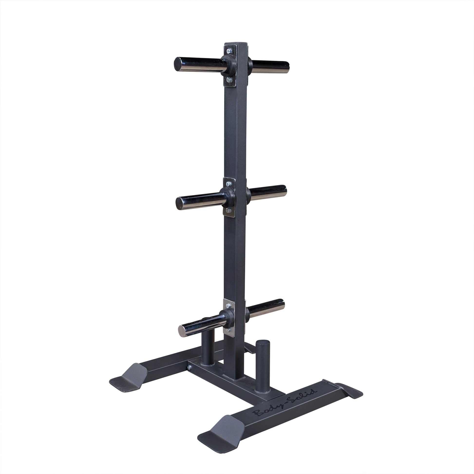 Body-Solid Olympic weight tree with six chrome pegs for organized weight plate storage.
