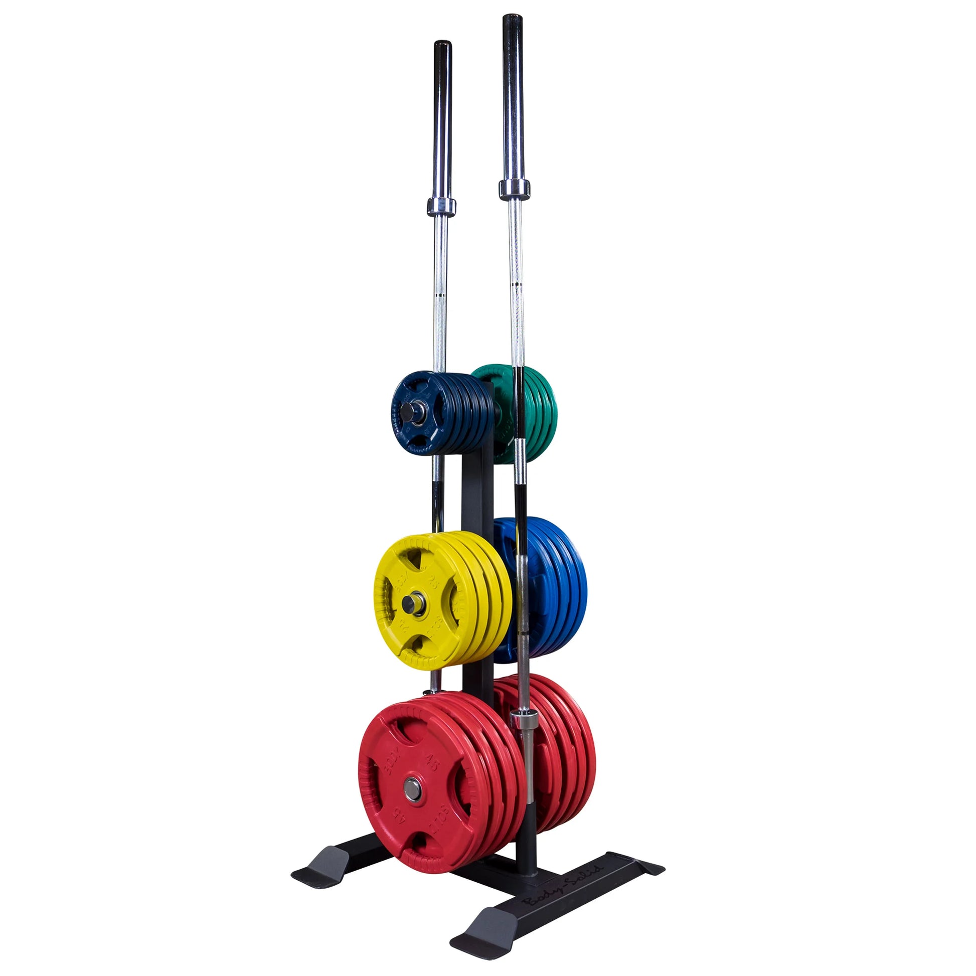 Colorful weight plates on a storage rack with two barbells, ideal for gym organization.