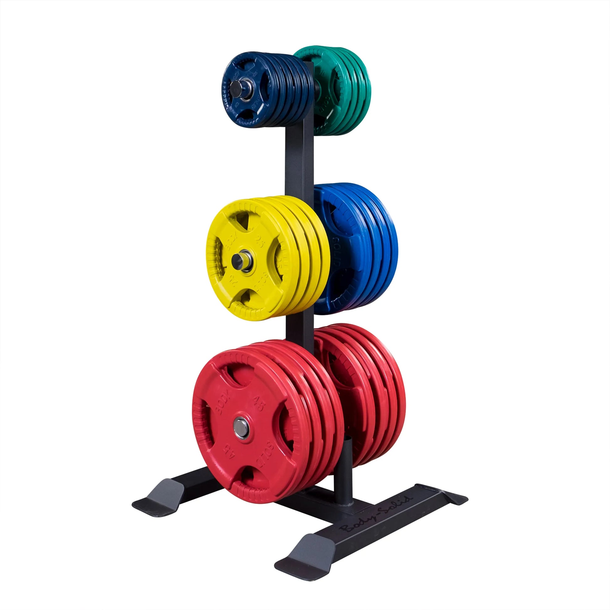 Body-Solid weight plate tree with colorful red, yellow, blue, and green plates organized for home gym.