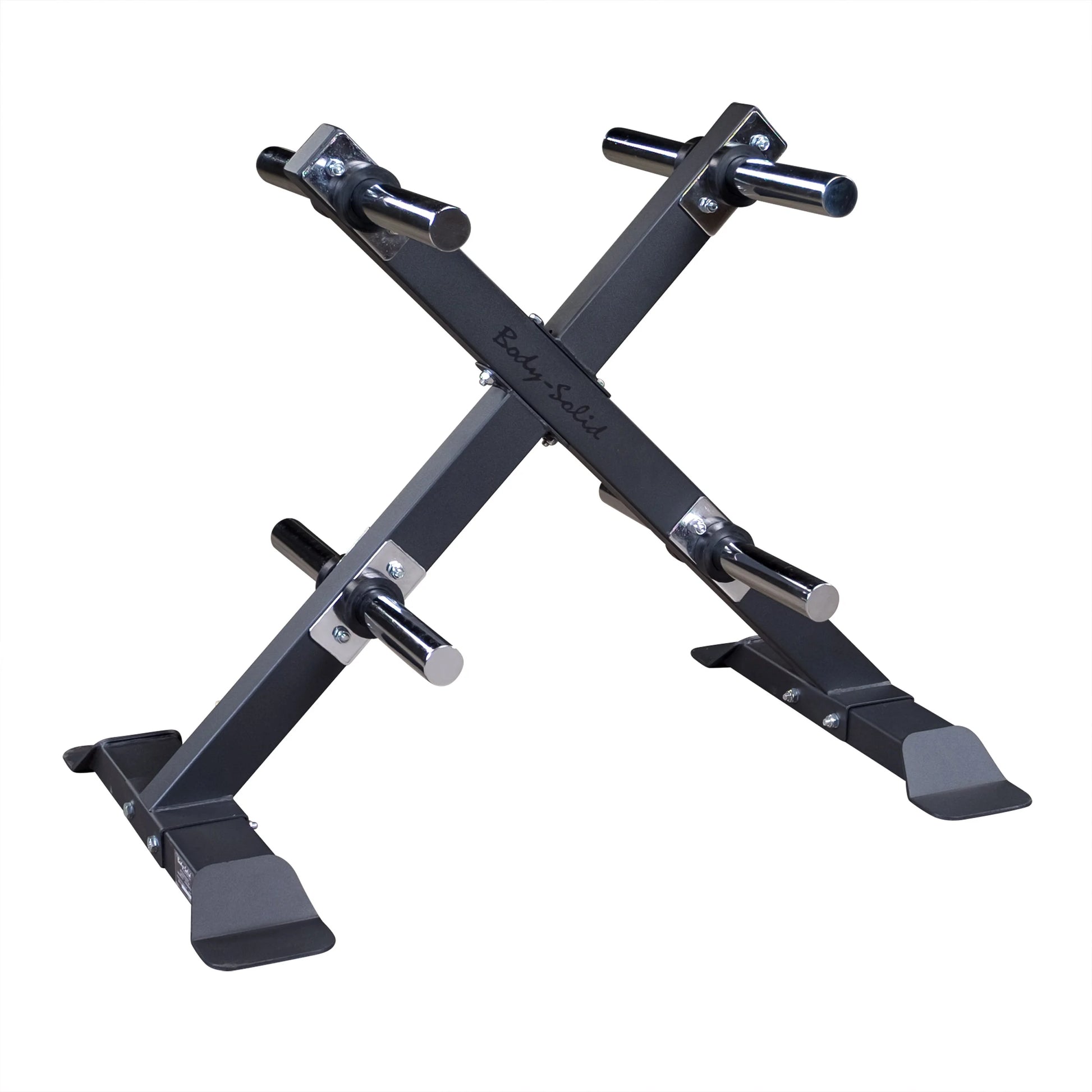 Body-Solid black weight plate tree rack with six chrome posts for gym organization.