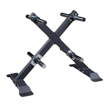 Body-Solid black weight plate tree rack with six chrome posts for gym organization.