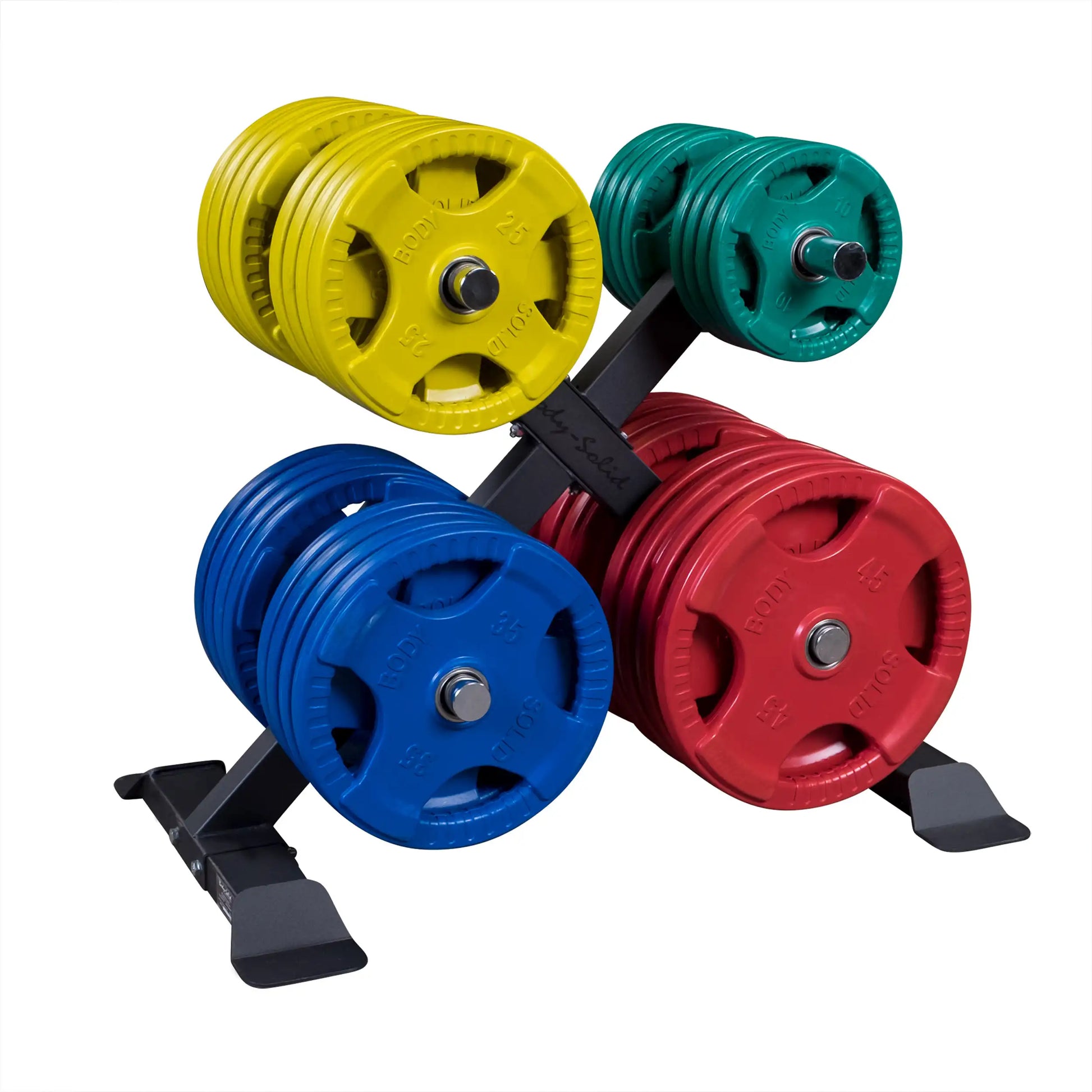 Colorful Body-Solid weight plates on rack, featuring yellow, blue, red, and green options for gym workouts.