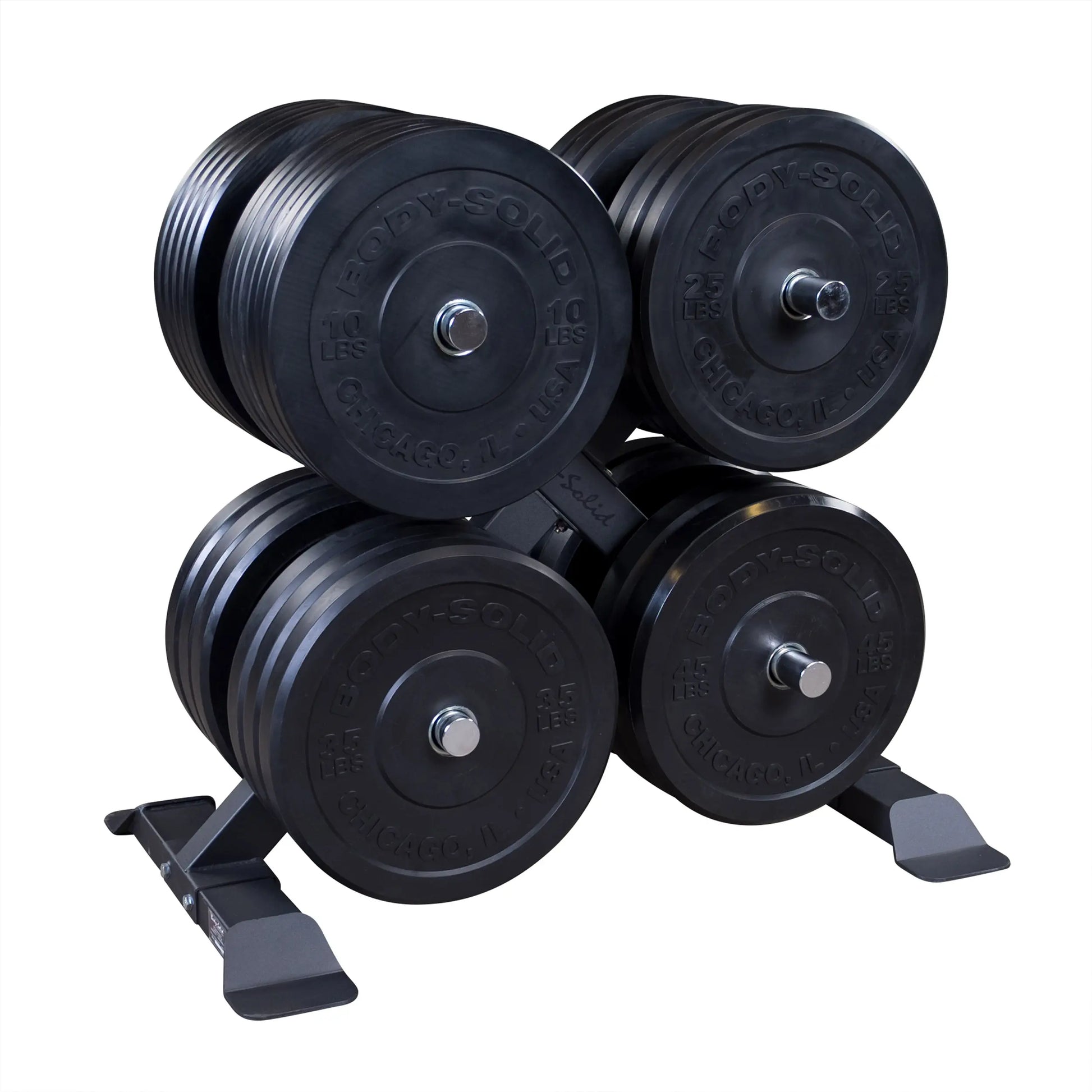 Body-Solid black weight plates on a compact horizontal rack.