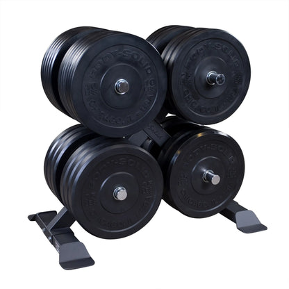 Body-Solid black weight plates on a compact horizontal rack.