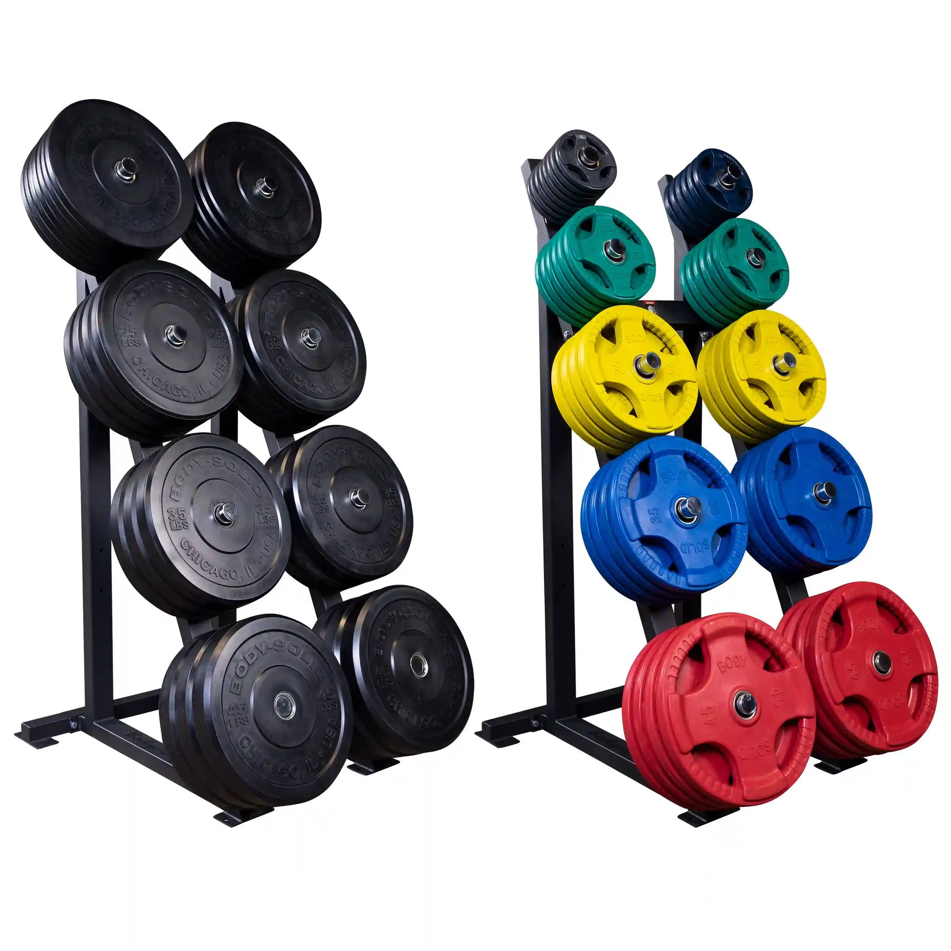 Colorful bumper plates and black weight plates on storage racks for gym equipment.