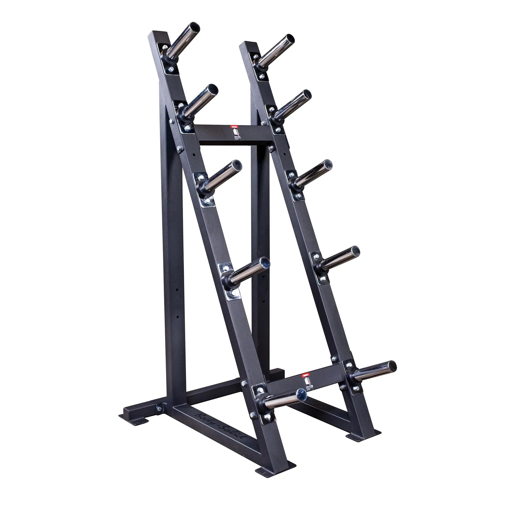 Steel weight plate rack with six storage pegs, ideal for home gym organization.