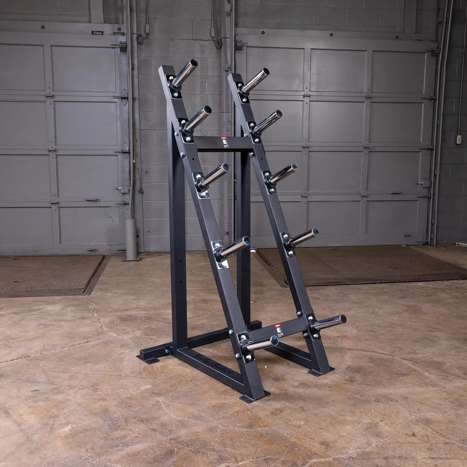 Black vertical plate tree rack with multiple storage pegs in an industrial gym setting.