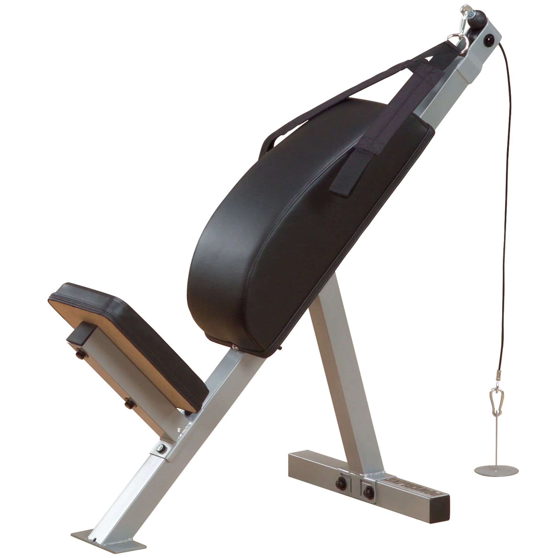 A black adjustable fitness bench with a padded backrest and seat, designed for strength training exercises, featuring a cable attachment on the side for added resistance.