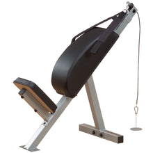 A black adjustable fitness bench with a padded backrest and seat, designed for strength training exercises, featuring a cable attachment on the side for added resistance.