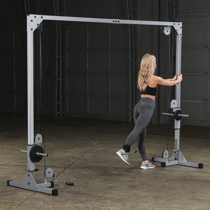 A woman in athletic wear performs an exercise on a cable machine in a gym setting, focusing on her leg workout.