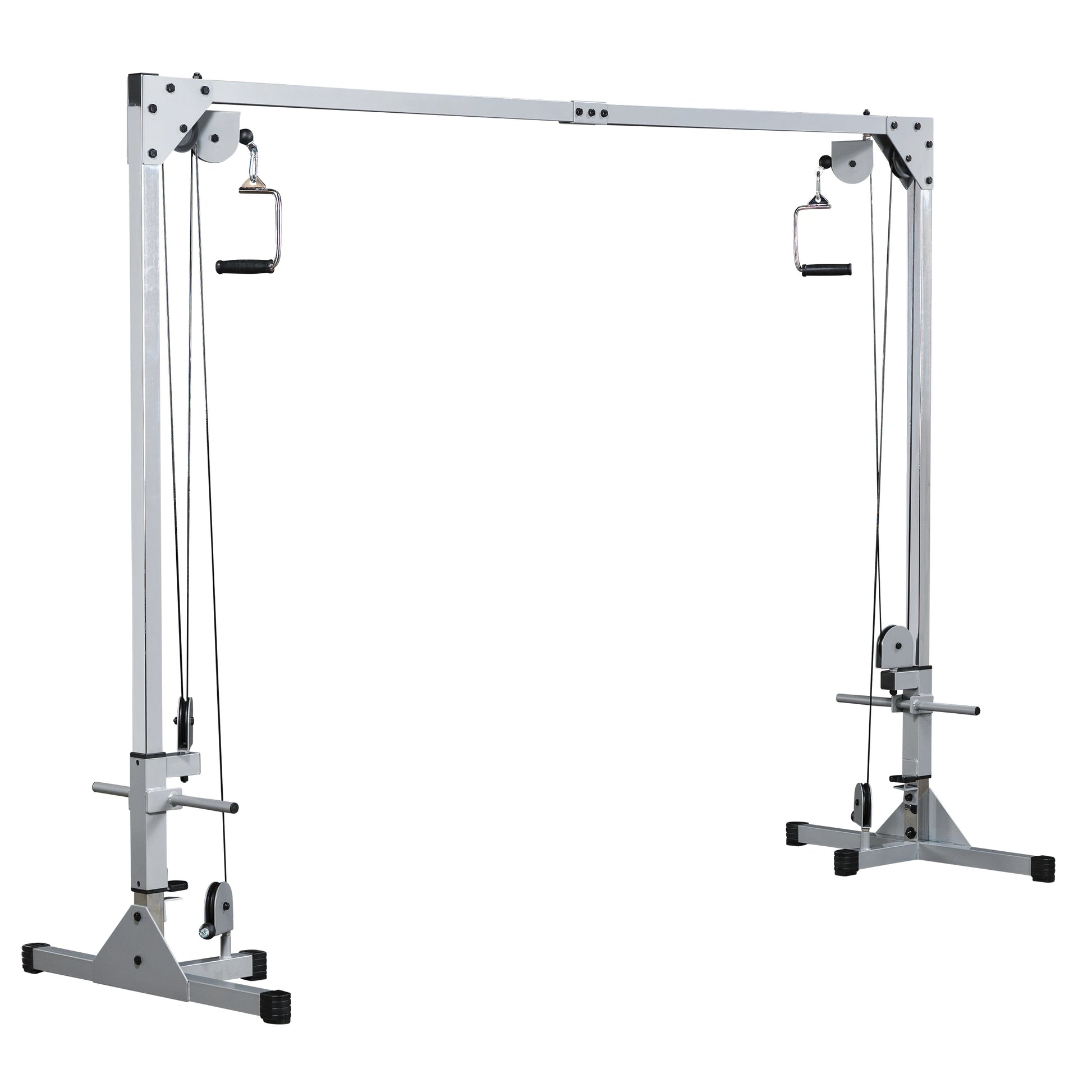 A vertical cable machine with adjustable pulleys and handles, designed for strength training exercises.