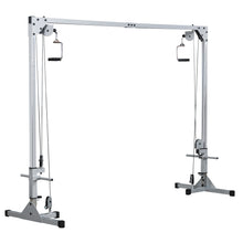 A vertical cable machine with adjustable pulleys and handles, designed for strength training exercises.