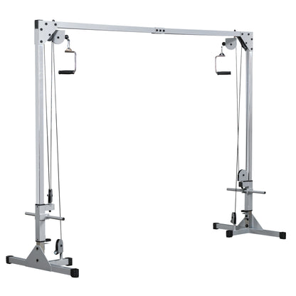 A vertical cable machine with adjustable pulleys and handles, designed for strength training exercises.