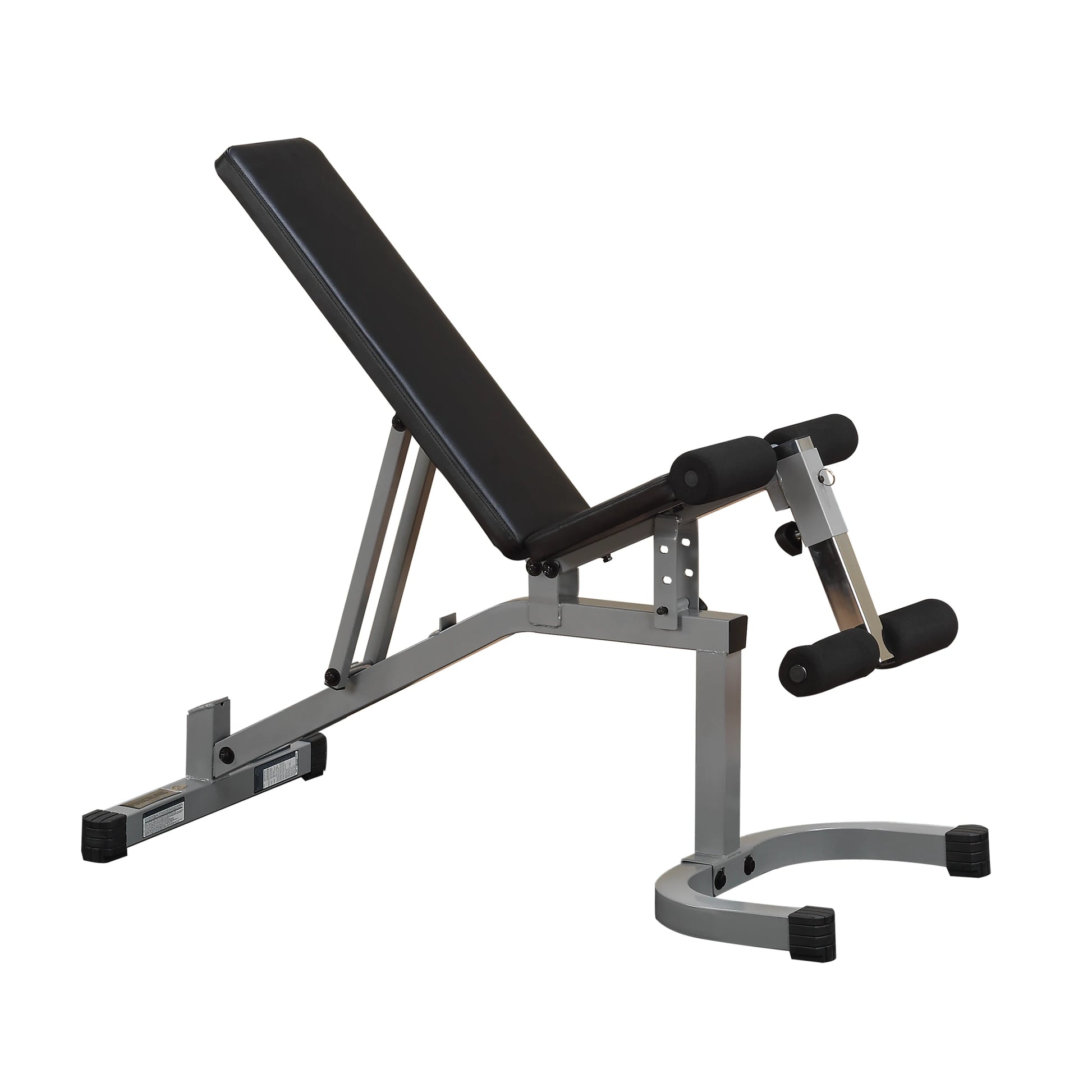 Adjustable weight bench with a black padded seat and metallic frame, designed for strength training exercises.
