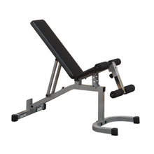 Adjustable weight bench with a black padded seat and metallic frame, designed for strength training exercises.