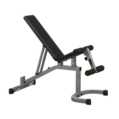 Adjustable weight bench with a black padded seat and metallic frame, designed for strength training exercises.