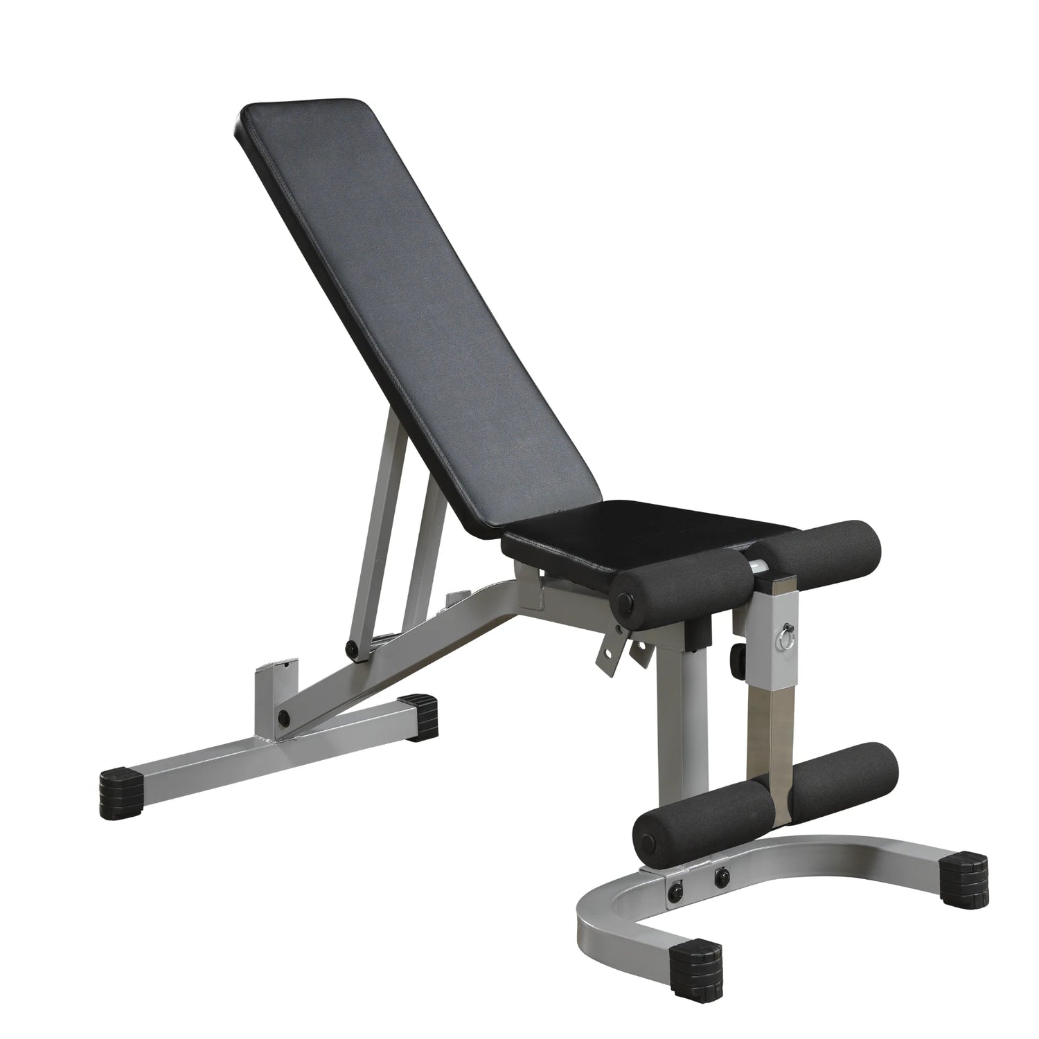 Adjustable weight bench with a black padded seat and backrest, featuring a sturdy silver frame and rubber feet for stability.
