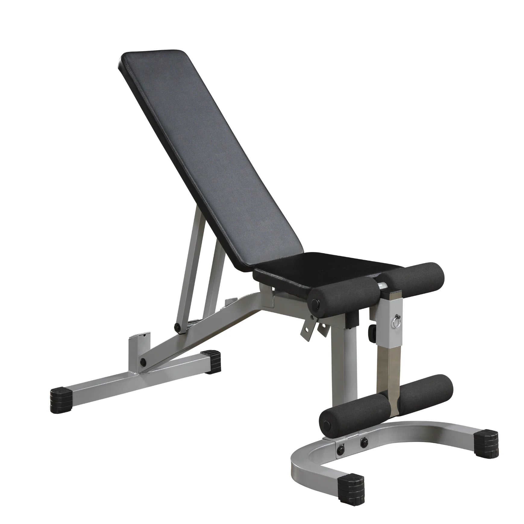 Adjustable weight bench with a black padded seat and backrest, featuring a sturdy silver frame and rubber feet for stability.