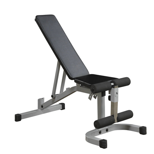 Adjustable weight bench with a black padded seat and backrest, featuring a sturdy silver frame and rubber feet for stability.