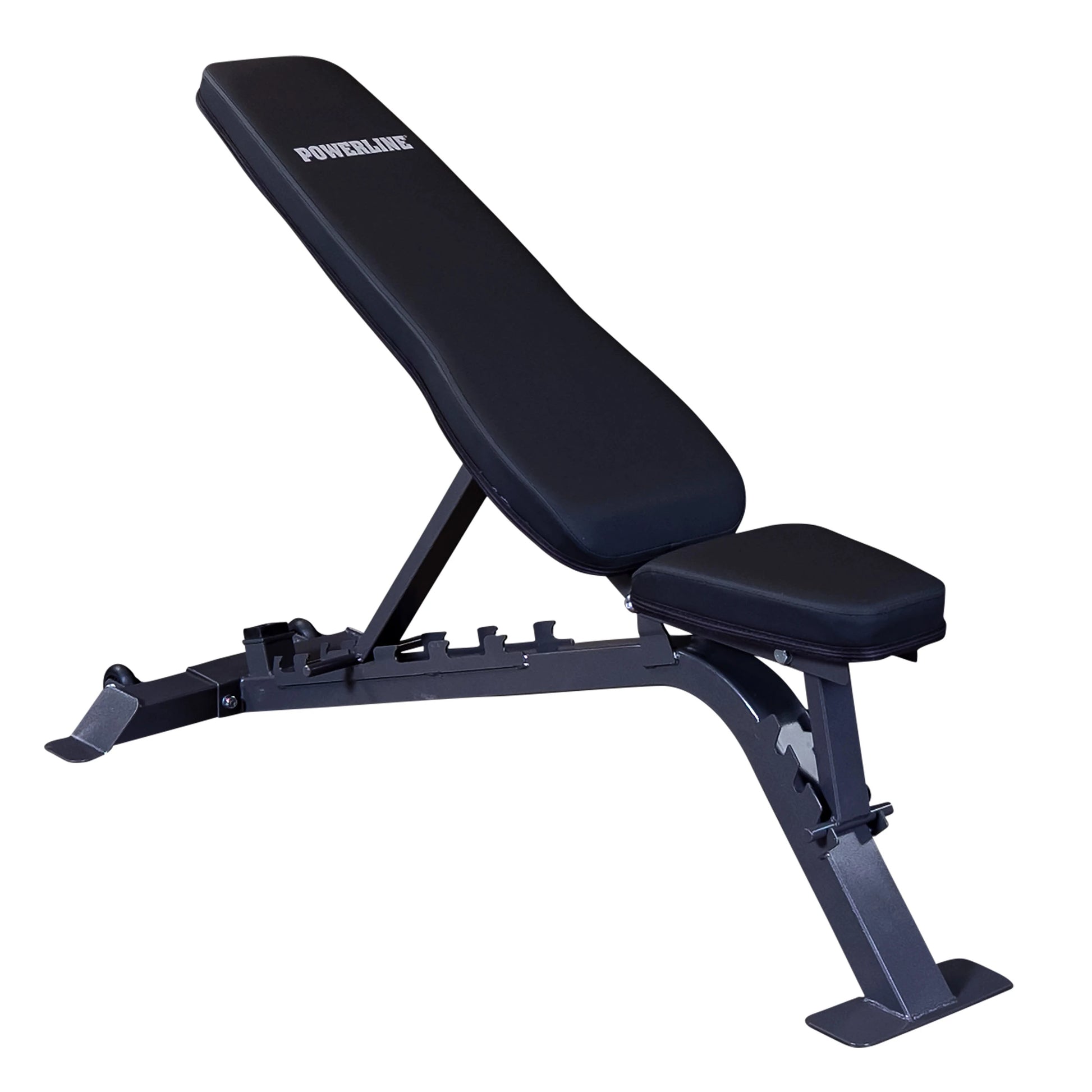 Adjustable weight bench by Powerline, featuring a black padded seat and backrest, designed for strength training exercises.