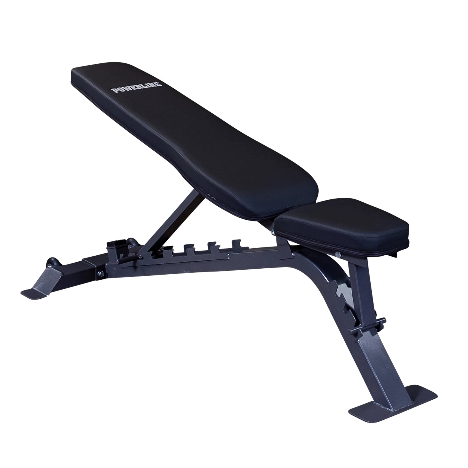 Adjustable black weight bench with a padded seat and backrest, featuring a sturdy metal frame and the brand name Powerline on the backrest.