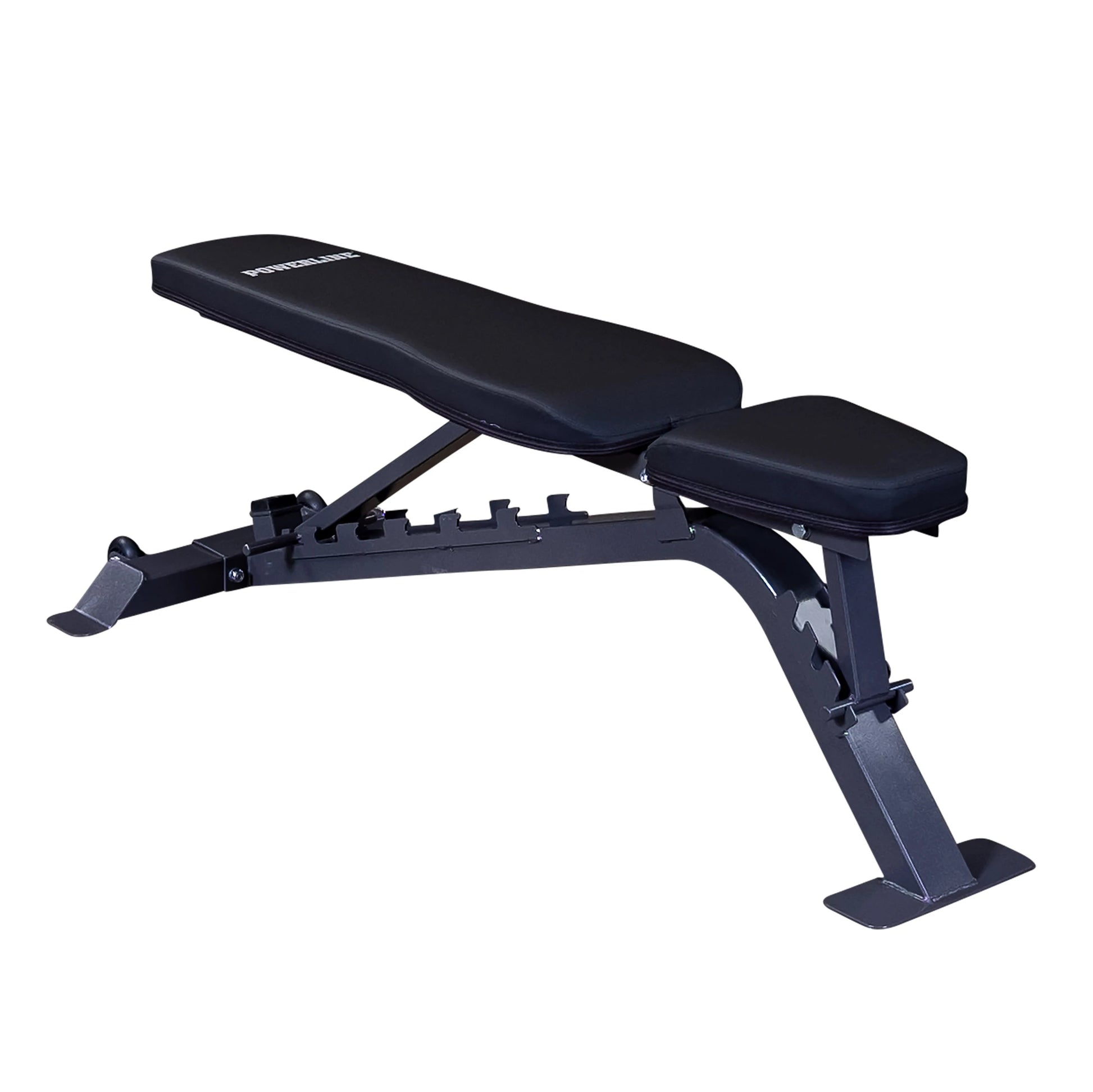 A black adjustable weight bench with a padded seat and backrest, designed for strength training exercises.