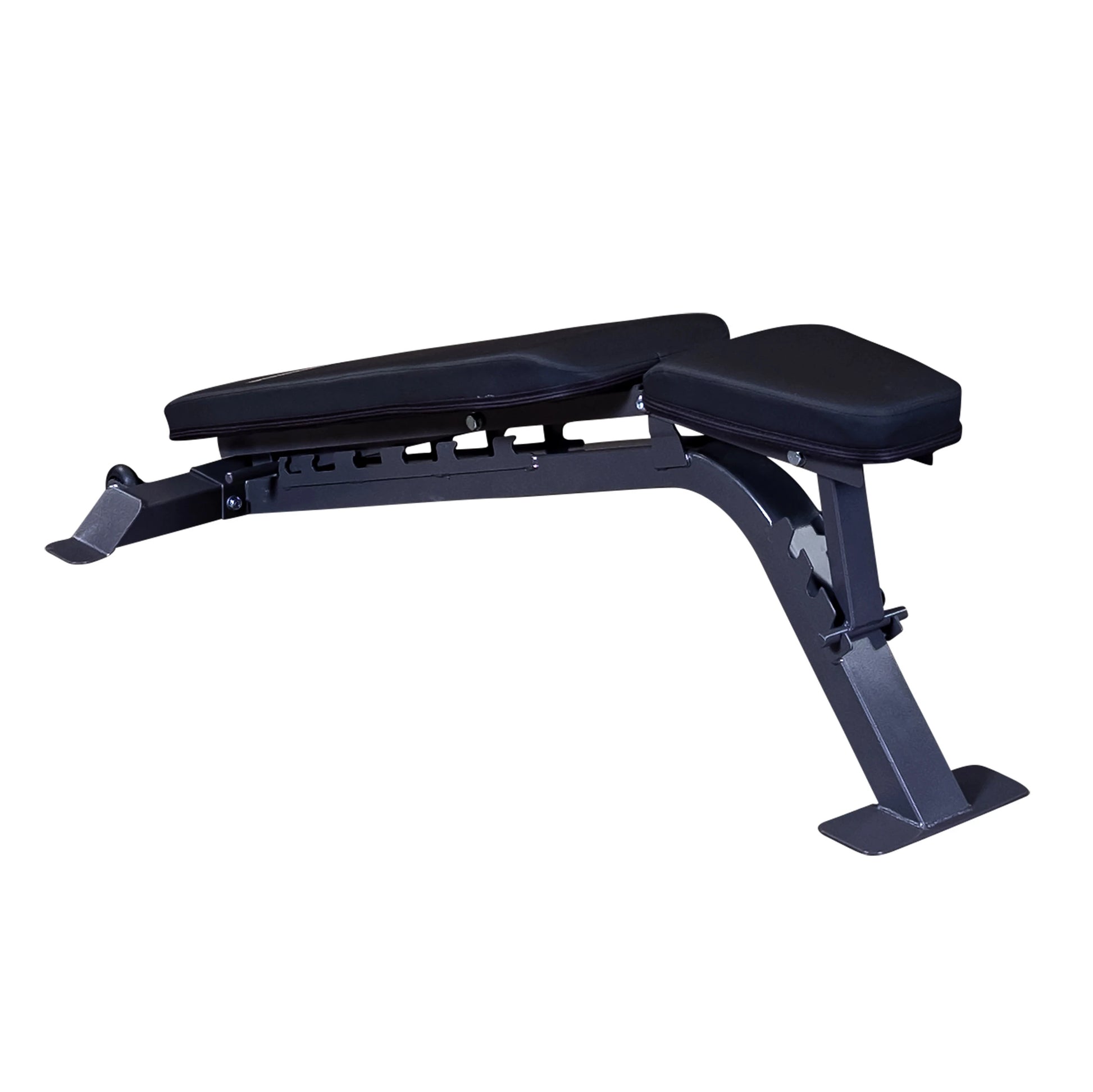 Adjustable workout bench with a black padded seat and backrest, designed for strength training exercises.