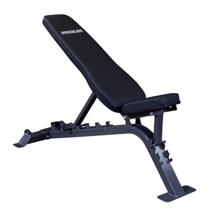 Adjustable weight bench with a black padded seat and backrest, featuring a sturdy metal frame and the brand name POWERLINE displayed on the backrest.
