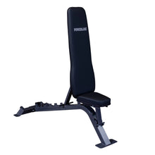 A Powerline adjustable weight bench with a black padded seat and backrest, featuring a sturdy metal frame and adjustment mechanisms for various workout positions.