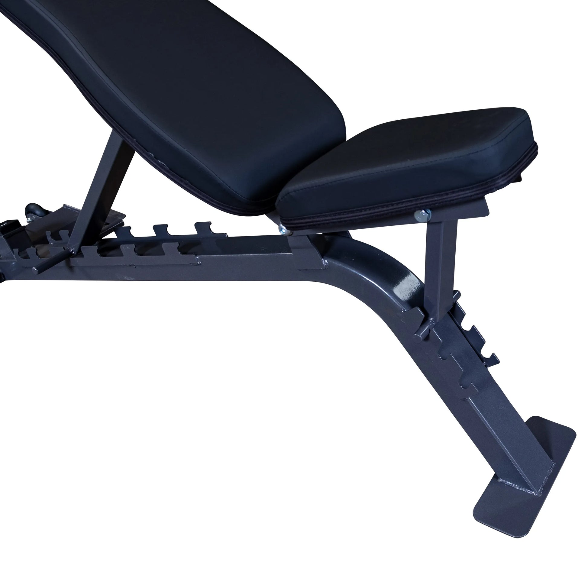 Adjustable weight bench with a black cushioned seat and sturdy metal frame, designed for strength training exercises.