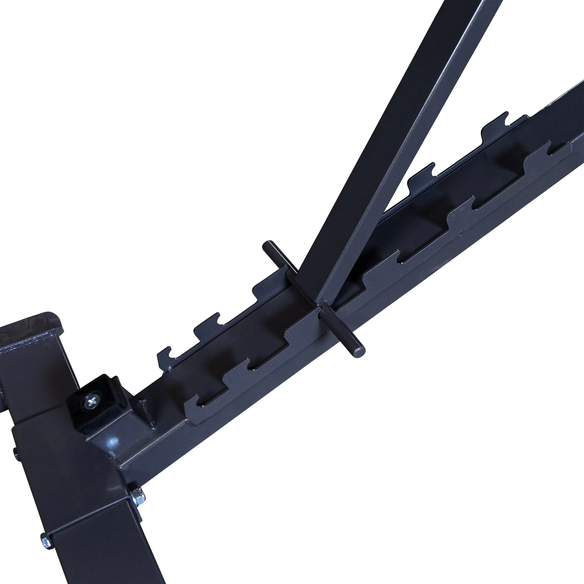 Close-up view of a metal bracket with a slotted design, featuring a vertical support and a crossbar, suitable for adjustable mounting or securing items.
