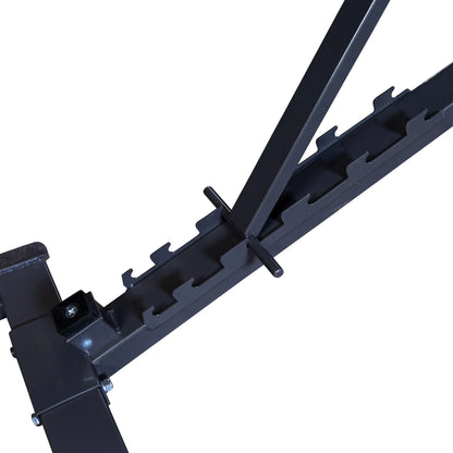 Close-up view of a metal bracket with a slotted design, featuring a vertical support and a crossbar, suitable for adjustable mounting or securing items.