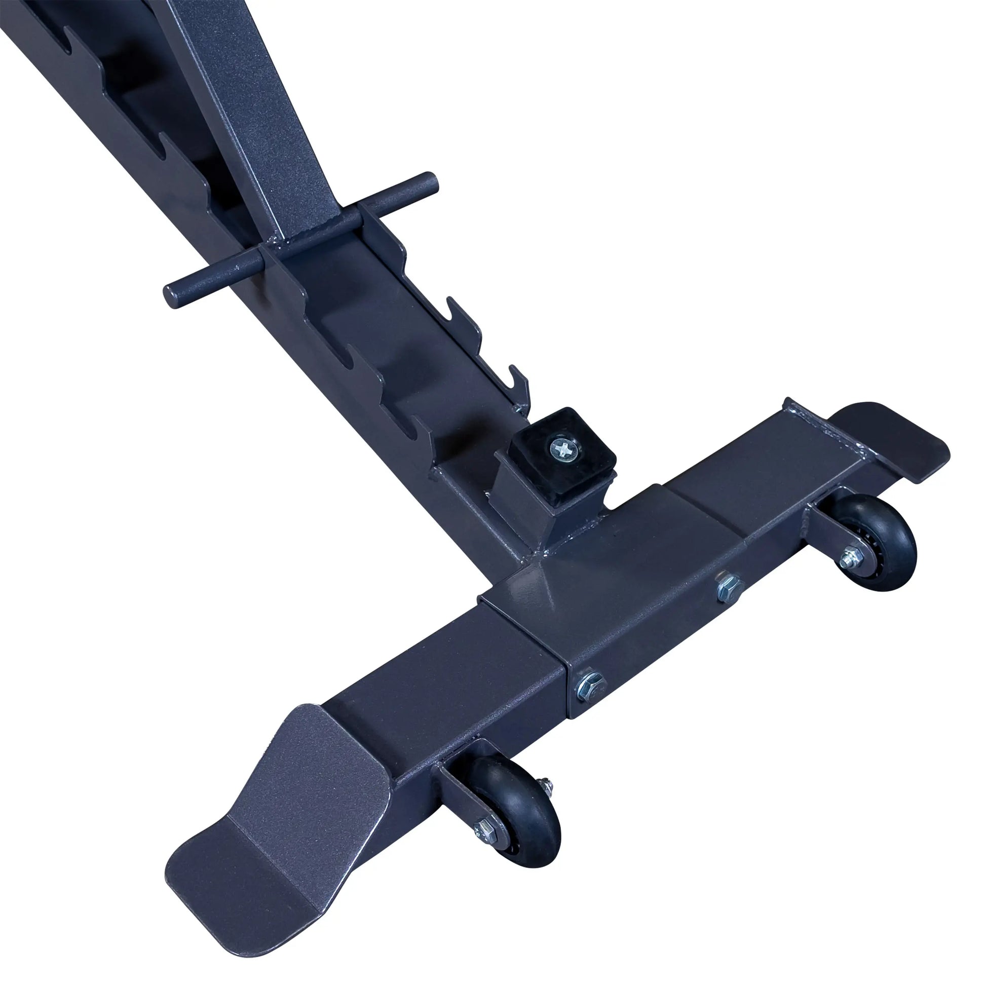 Close-up of the base of a metal equipment stand featuring wheels for mobility, a locking mechanism, and a textured surface for grip.