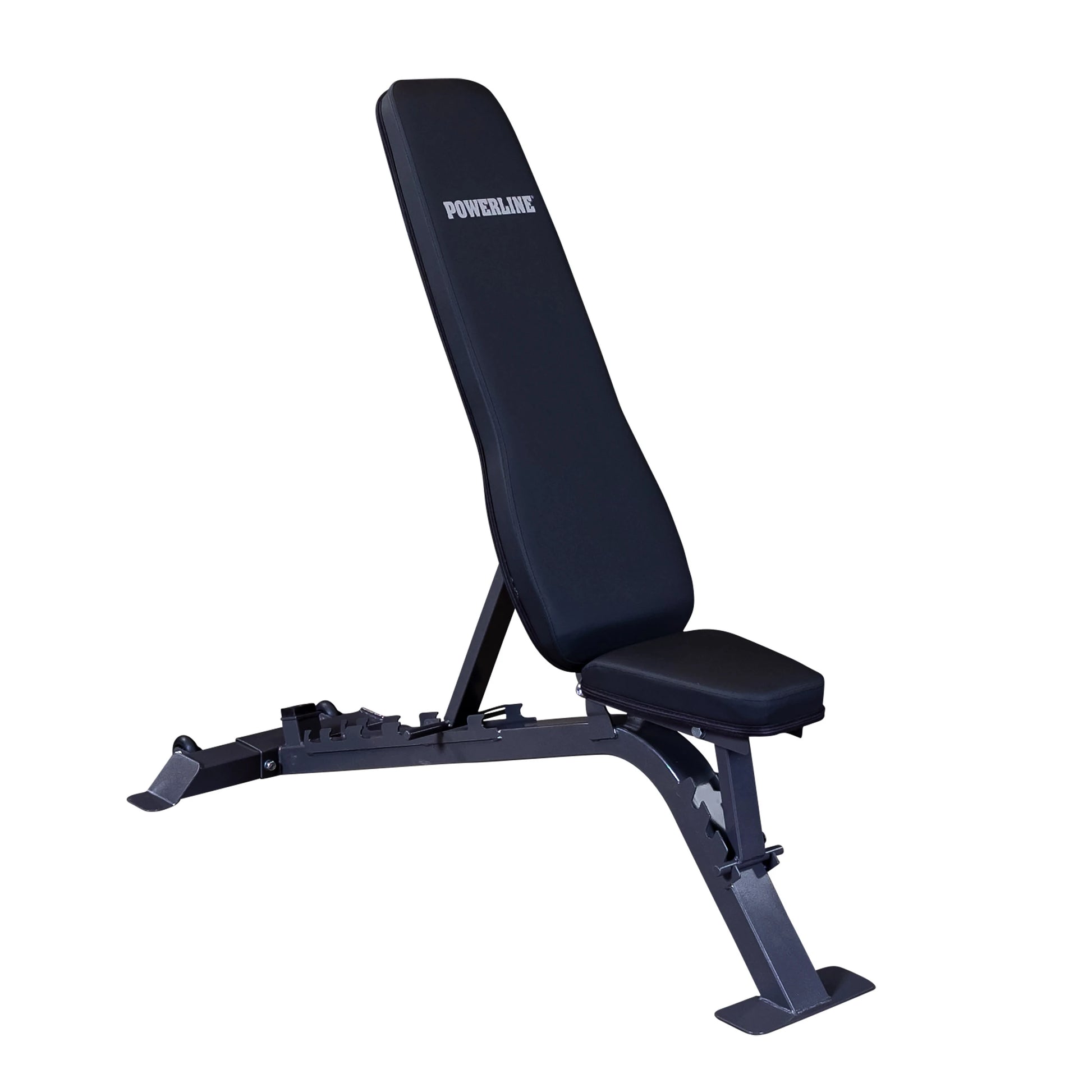 Adjustable weight bench with a black padded seat and backrest, featuring the POWERLINE logo, designed for strength training and fitness exercises.