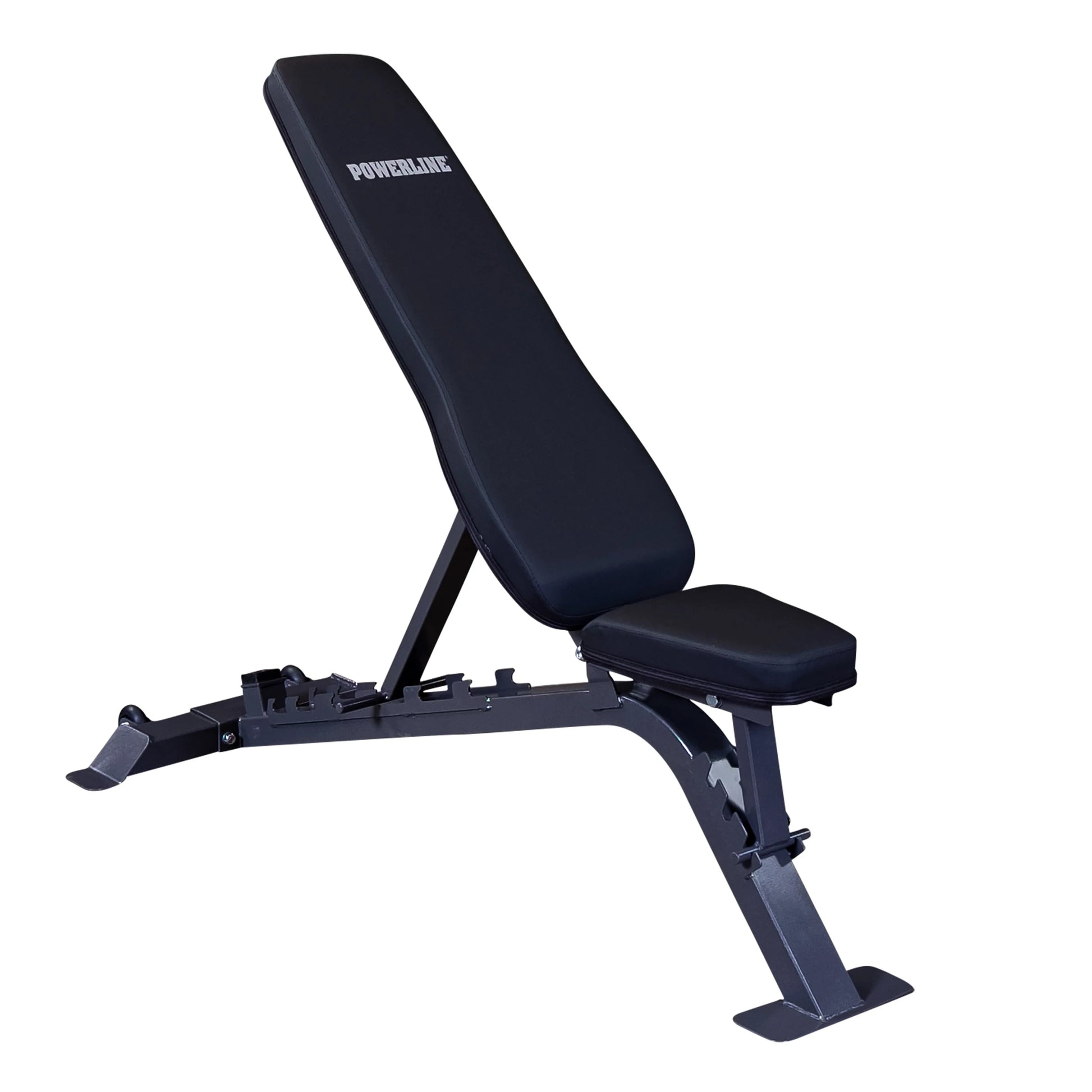 Adjustable workout bench with a black padded seat and backrest, featuring the brand name Powerline on the top.