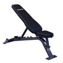 Adjustable weight bench with a black padded seat and backrest, featuring a sturdy metal frame, labeled POWERLINE.