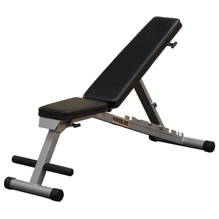 Adjustable weight bench with a black padded surface and silver metal frame, designed for strength training exercises.