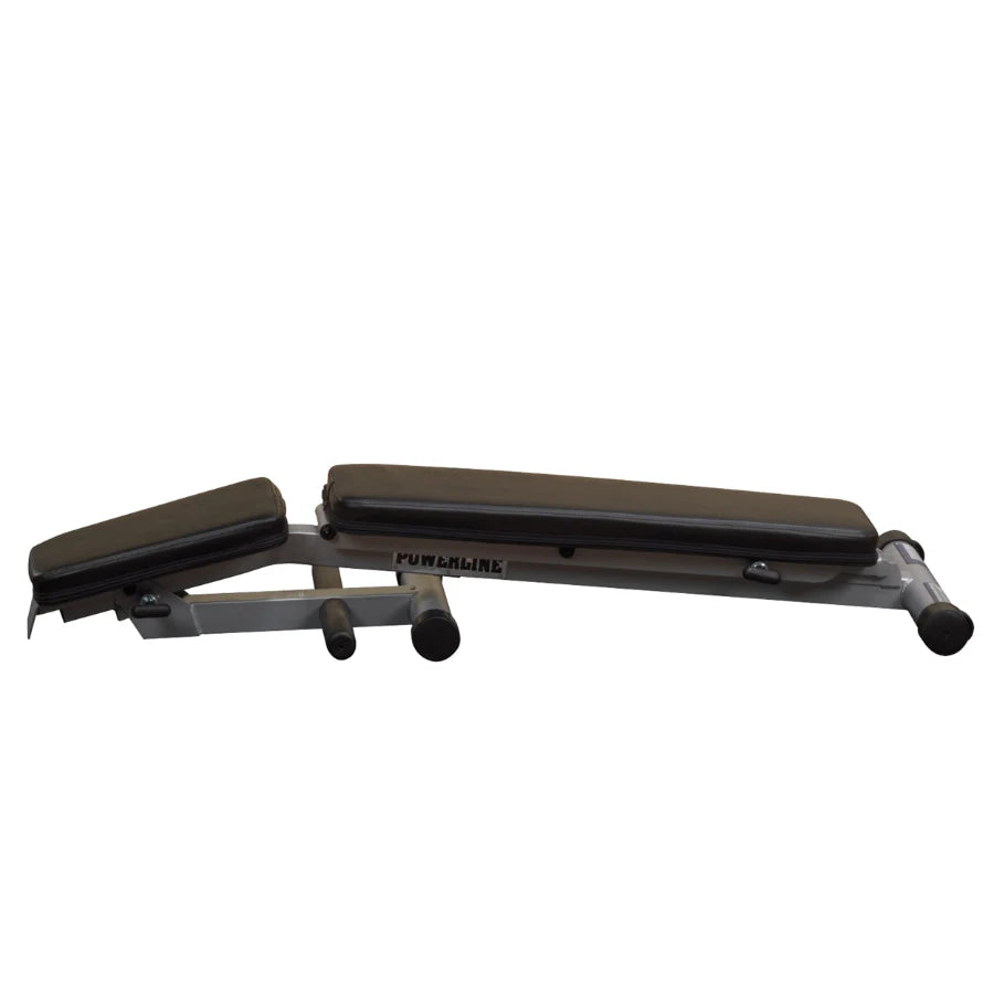 Adjustable weight bench with padded surfaces, featuring the Powerline brand logo, designed for strength training exercises.