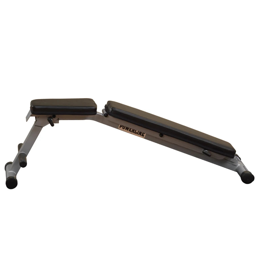 Powerline adjustable weight bench with black padded seats and a sturdy metal frame, designed for strength training exercises.