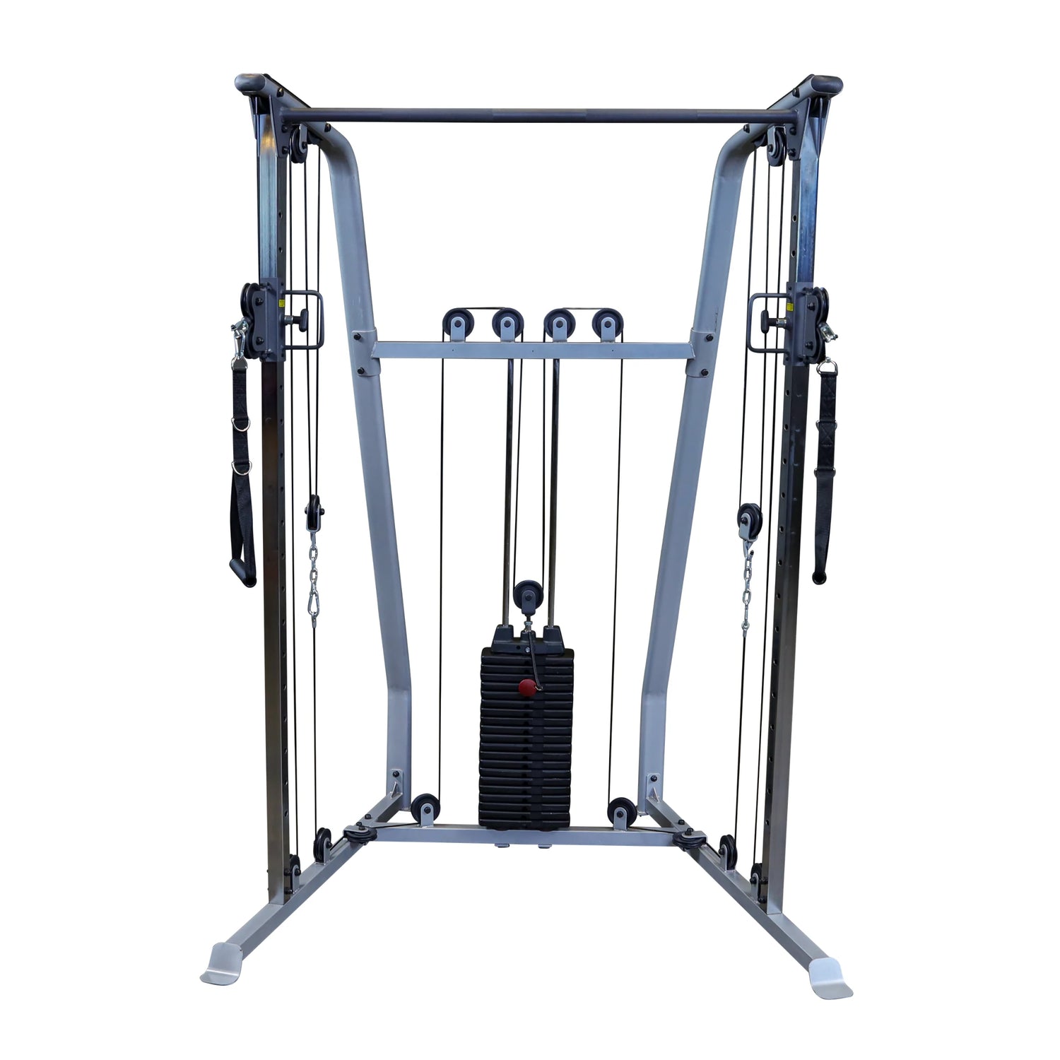 A multi-functional cable machine for strength training, featuring adjustable pulleys, a weight stack, and various attachments for workouts.