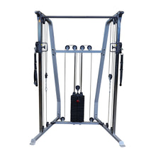 A multi-functional cable machine for strength training, featuring adjustable pulleys, a weight stack, and various attachments for workouts.
