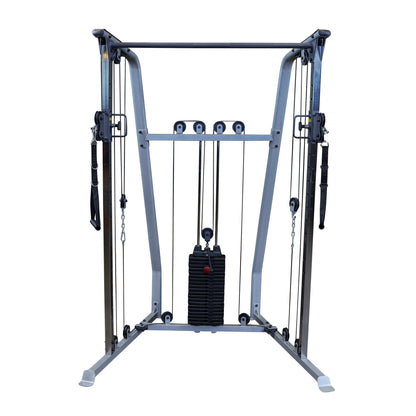 A multi-functional cable machine for strength training, featuring adjustable pulleys, a weight stack, and various attachments for workouts.
