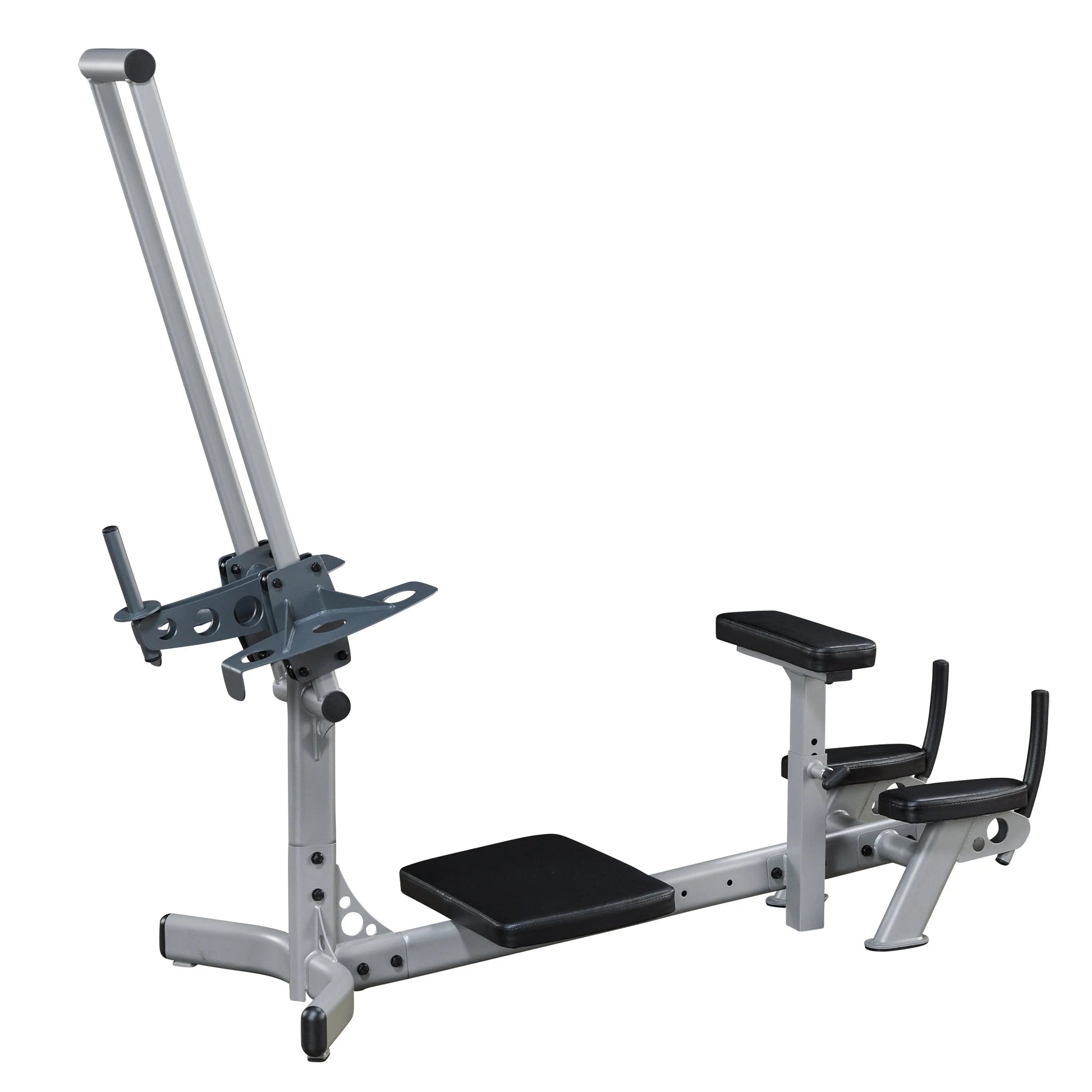 A silver and black multi-use exercise machine featuring an adjustable seat, armrests, and a bar for various workout routines.