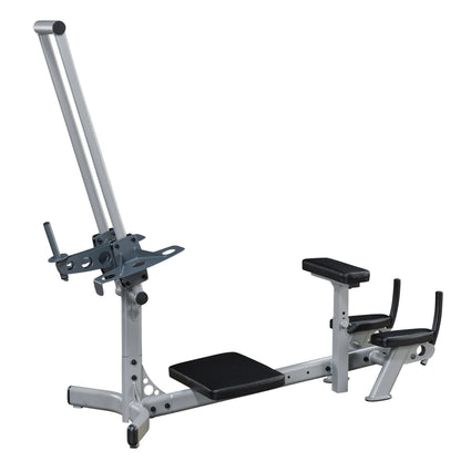 A silver and black multi-use exercise machine featuring an adjustable seat, armrests, and a bar for various workout routines.