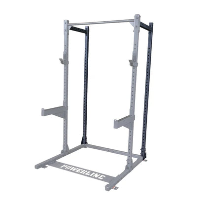 A Powerline squat rack with adjustable safety bars and a sturdy frame, designed for strength training and weightlifting exercises.