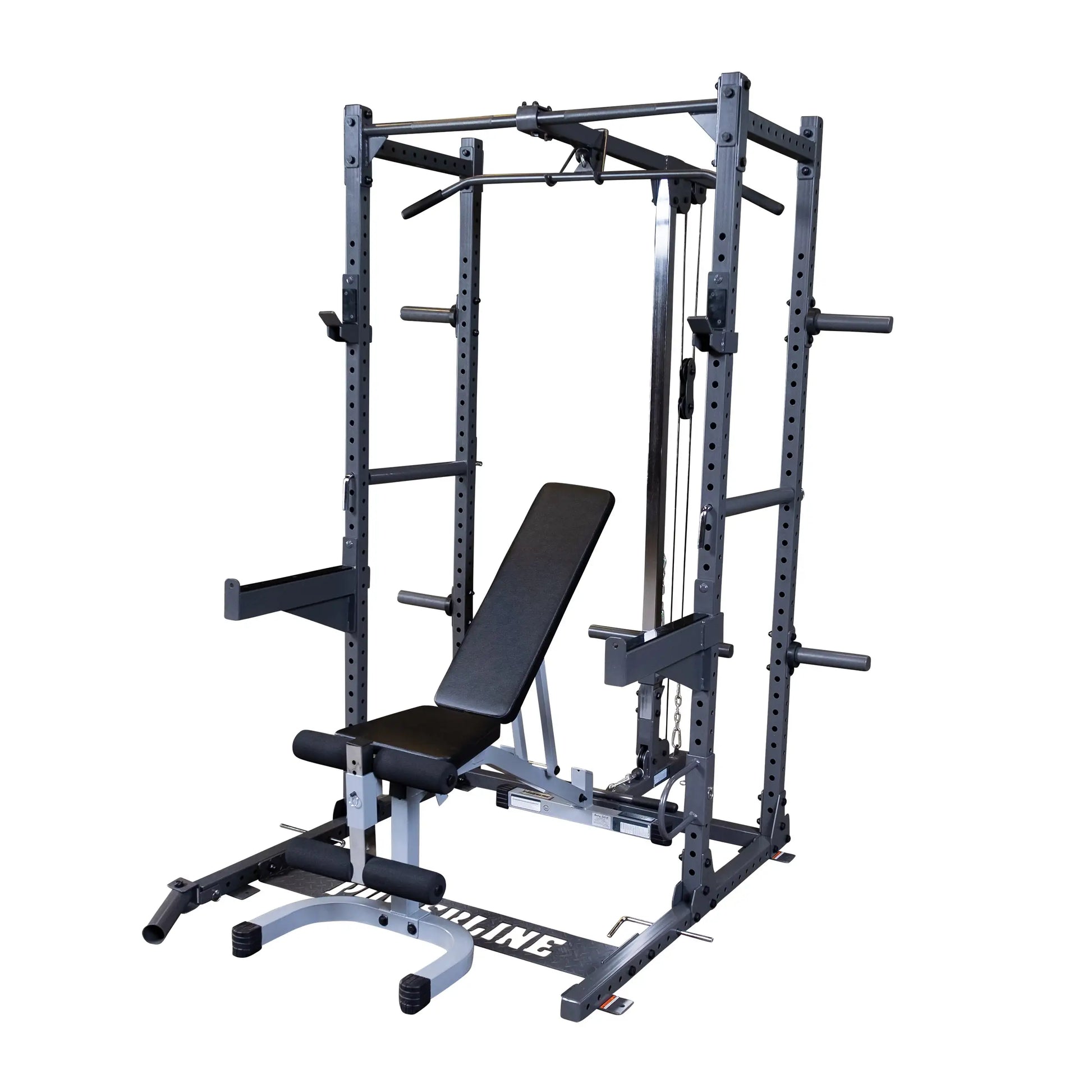 A multi-functional gym equipment featuring a squat rack, adjustable bench, and cable system for strength training exercises.