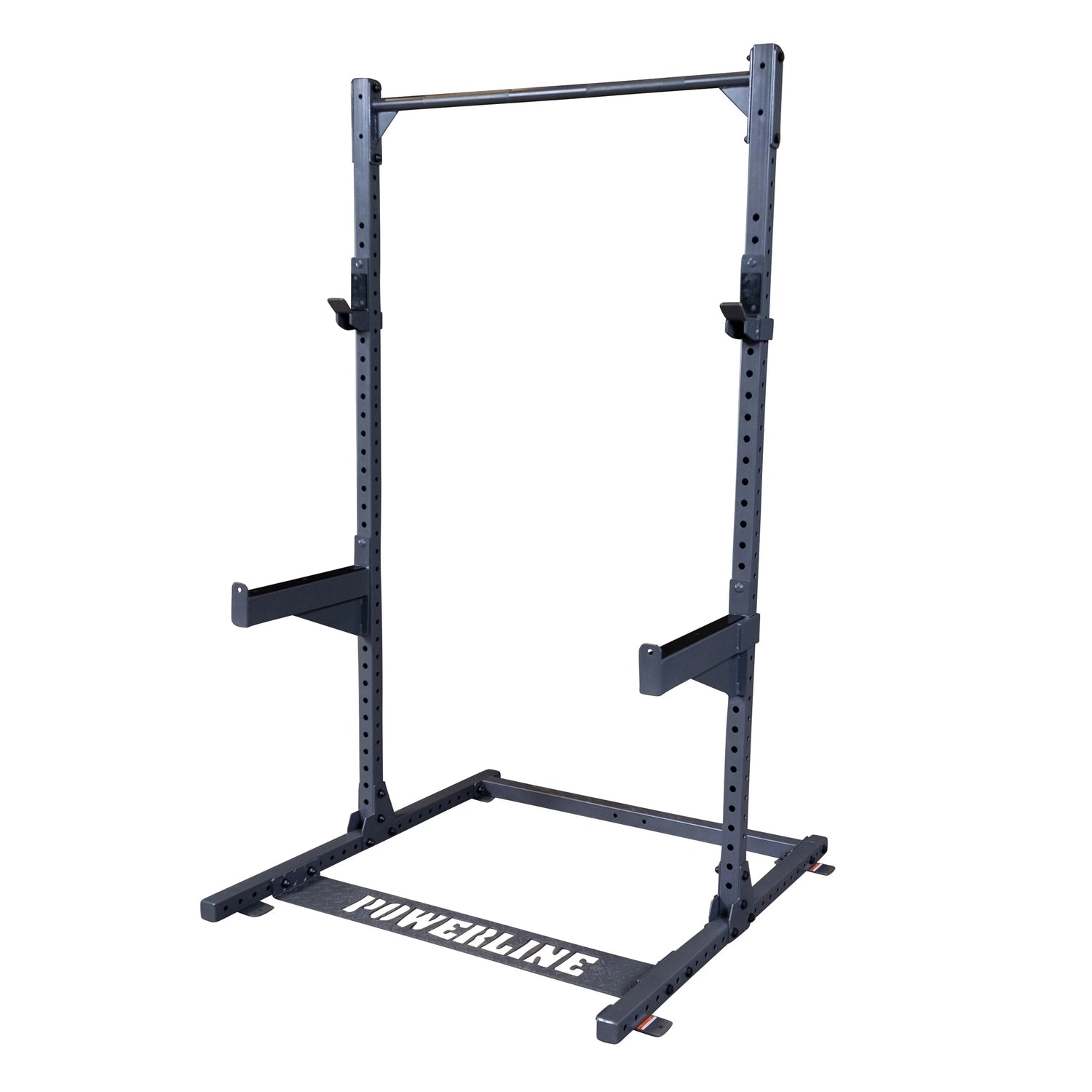 Powerline squat rack with adjustable height and sturdy frame, designed for strength training and weightlifting.
