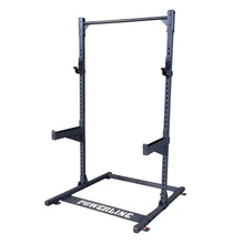 Powerline squat rack with adjustable height and sturdy frame, designed for strength training and weightlifting.